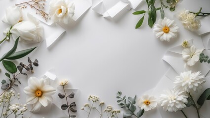 Floral frame composition on white paper background perfect for wedding invitations or greeting cards designs.