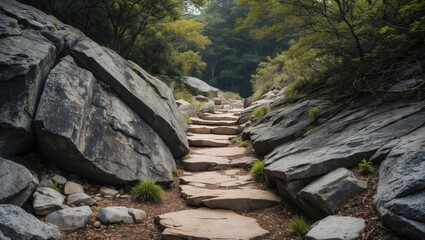 Obraz premium Rocky Trail Through Lush Greenery in Nature Surrounded by Large Stones and Vegetation for Hiking and Outdoor Adventure
