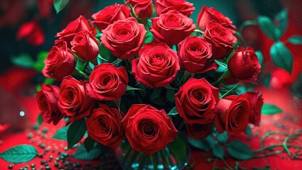 Vibrant Red Roses Bouquet Artfully Arranged with Lush Green Leaves Perfect for Romantic Celebrations or Floral Decor