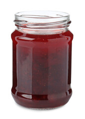 Delicious strawberry sauce in glass jar isolated on white