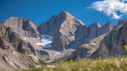 Rocky Mountain Landscape under Clear Blue Sky with Summer Greenery and Snow-Capped Peaks in Vibrant Natural Setting