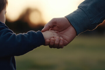 Father and son holding hands at sunset, a symbol of love and protection