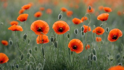 Obraz premium Vibrant Red Poppies in a Lush Green Meadow Creating a Stunning Floral Landscape Scene
