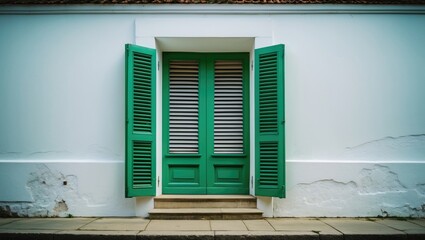 Fototapeta premium Green window shutters on a white facade highlighting architectural details in a serene urban environment