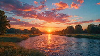 Serene Summer Sunset Over a Tranquil River with Lush Greenery and Colorful Clouds Ideal for Text Overlay or Inspirational Quotes