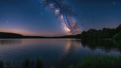 Milky Way Over Serene Lake at Night with Tranquil Water Reflections and Space for Text
