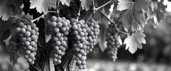 Black and white photo of ripe grapes hanging from vine with lush leaves and ample space for text or branding. Ideal for wine-related marketing.