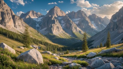 Majestic Mountain Landscape with Lush Greenery and Rocky Path Ideal for Summer Hiking and Outdoor Exploration in Nature's Serenity.