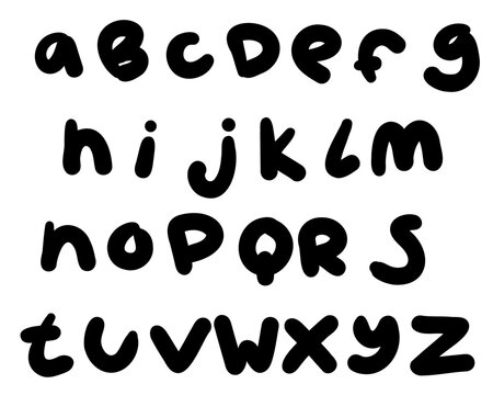 Black english latin abc alphabet lower case font handwritten A to Z collection. Vector illustration in doodle style isolated on white back. For kids book, logo, card, menu.