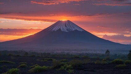 Volcanic Landscape at Sunset with Majestic Mountain Silhouette and Dramatic Sky Colors