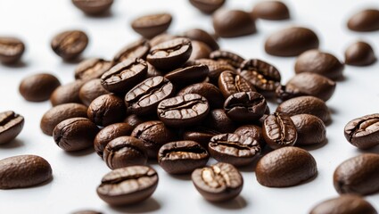 Naklejka premium Freshly roasted coffee beans on a white background showcasing rich texture and color ideal for coffee-related advertisements and products.