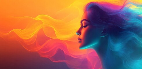 A vibrant, dreamy portrait of a woman in serene contemplation, perfect for Women's Day designs, wellness themes, and creative projects requiring uplifting imagery.