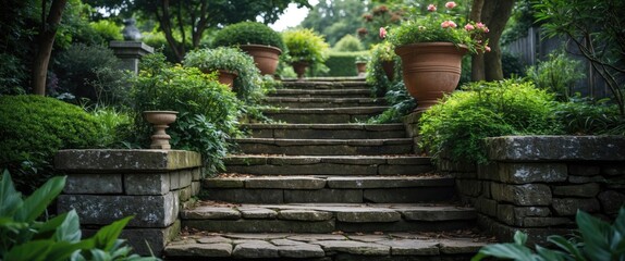 Lush Garden Pathway with Stone Steps Surrounded by Flourishing Plants and Flower Pots