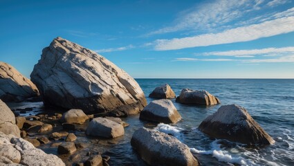 Serene Coastal Landscape with Large Rocks and Calm Ocean Under Clear Blue Skies