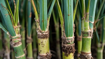 Sugarcane Stalks with Visible Plant Diseases and Disease Symptoms in Agricultural Field with Blank Space for Text Overlay
