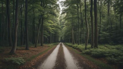 Fototapeta premium Lush Green Forest Pathway Leading Through Tranquil Trees and Foliage on a Calm Day in Nature
