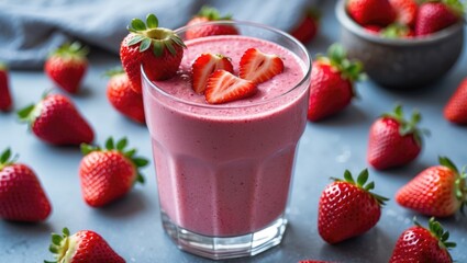 Fresh Strawberry Smoothie In Glass Surrounded By Juicy Berries On Light Background