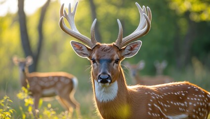 Majestic Red Deer with Growing Antlers in Sunlit Summer Landscape and Open Copy Space for Text or Design Elements