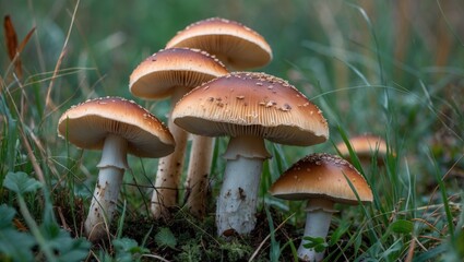 Fototapeta premium Vibrant Group of Wild Mushrooms Emerging from Lush Green Grass in Natural Forest Setting