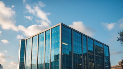 Modern glass office building reflecting blue skies and clouds creating an urban business atmosphere ideal for backgrounds and real estate uses.