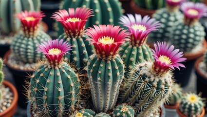 Obraz premium Vibrant Cacti Display with Colorful Blossoms in Decorative Pots and Clear Space for Text Content