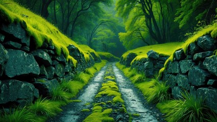 Naklejka premium Lush green moss-covered stone pathway flanked by rocky walls in a serene forest setting, evoking tranquility and natural beauty.