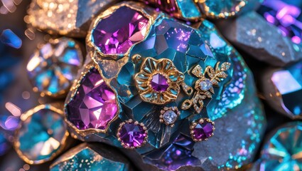 Sparkling stone texture featuring metallic luster and colorful crystals in vibrant shades of blue and purple with elegant golden accents.