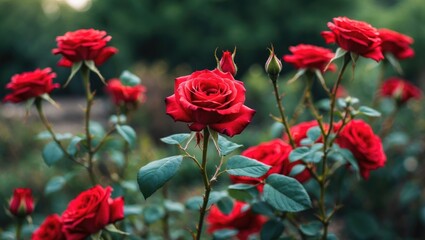 Obraz premium Elegant Red Roses in a Lush Garden Setting with Space for Personal Text or Branding Elements