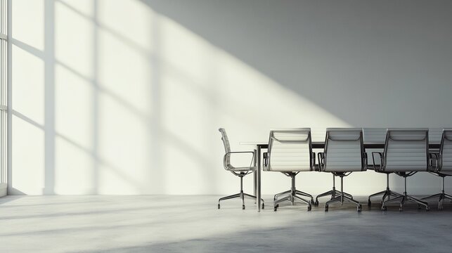 Modern meeting room with sleek table and chairs, embodying simplicity and professionalism in corporate design.