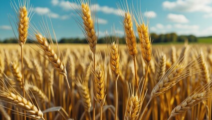 Fototapeta premium Golden wheat field under bright blue sky in Ottawa Valley Ontario showcasing agricultural beauty and harvest potential.