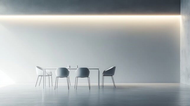 Modern meeting room with sleek table and chairs, embodying simplicity and professionalism in corporate design.