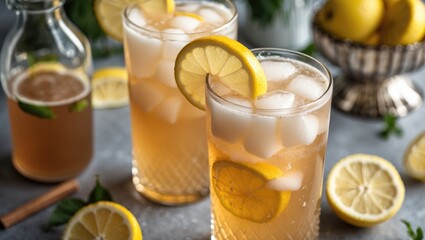 Fototapeta premium Homemade Kombucha Lemonade with Ice and Lemon Slices in Tall Glasses Surrounded by Fresh Lemons and Mint Leaves on a Rustic Table