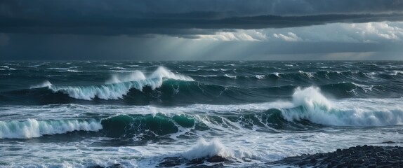 Fototapeta premium Stormy Black Sea seascape with crashing waves under a dramatic cloudy sky, showcasing nature's raw power and beauty in turbulent waters.