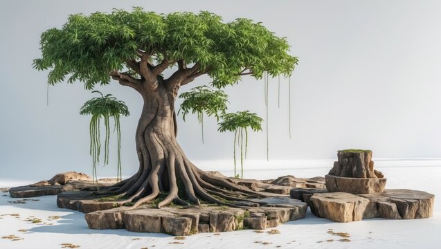 Cerbera odollam tree also known as Pong-pong with lush green leaves on a textured base against a white background in a serene setting.