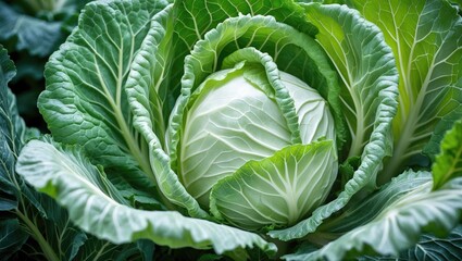 Obraz premium Fresh White Cabbage Close-Up Natural Leaf Texture in a Plentiful Green Garden Background Healthy Eating and Organic Farming Concept