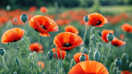Obraz premium Vibrant red poppies in a sunlit summer field creating a stunning natural landscape perfect for backgrounds and floral themes.