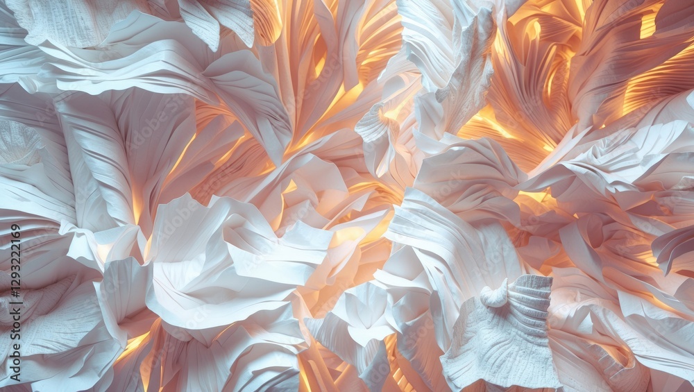 Poster textured white paper background with intricate folds and soft lighting creating a subtle and elegant