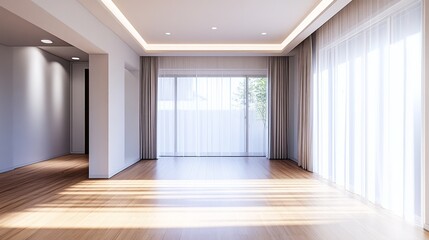Obraz premium Minimalist living room with white walls and wood floor, embodying simplicity and modern elegance.