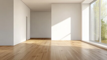 Minimalist living room with white walls and wood floor, embodying simplicity and modern elegance.
