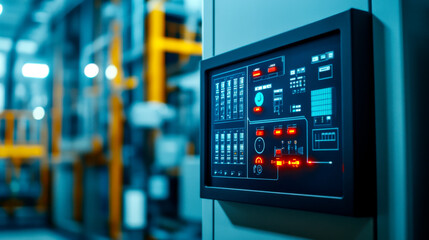 A control panel with illuminated buttons and displays, set in an industrial environment, showcasing advanced technology and automation.