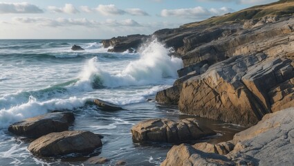 Obraz premium Crashing Waves on Rocky Beach with Scenic Shoreline and Space for Text Overlay
