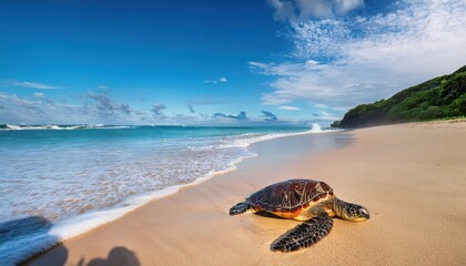 Pacific Beach Sunset with a Majestic Sea Turtle, a Tranquil Scene of Wildlife and Natures Grace, Set Against the Backdrop of the Pacific Ocean at Dusk.