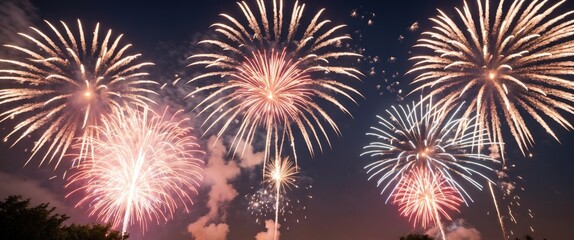 Fototapeta premium Colorful Fireworks Display Overhead at Night Sky Celebrating Summer Festival with Spectacular Illuminations and Vibrant Visuals