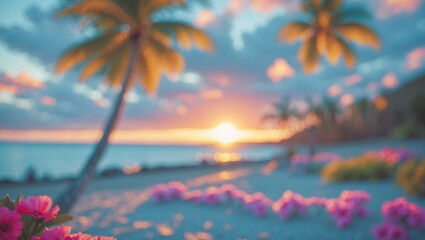 Tropical Beach Sunset with Blurred Sky and Vibrant Flowers Creating a Serene Summer Holiday Atmosphere