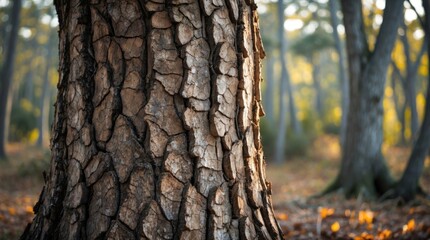 Obraz premium Detailed close-up of textured tree bark in a serene forest setting showcasing natural patterns and autumnal light.