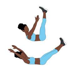 A Black African woman in blue clothing doing V ups exercise for abs. Flat vector illustration isolated on white background