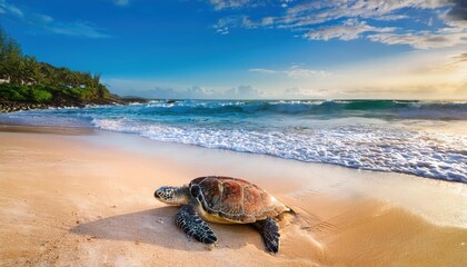 Majestic Sea Turtle Basking on Pacific Beaches A Glimpse into Wildlifes Natural Haven, Shot at Dusk with Soft Golden Light and Bountiful Textures. characters