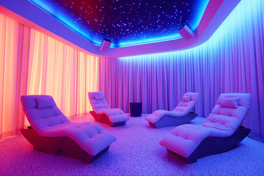 Modern relaxing room with ambient lighting, beautiful starry ceiling, and ergonomic reclining chairs for wellness and chromotherapy retreat in serene environment. Spa and treatment background concept