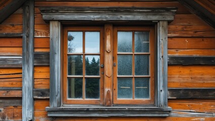 Wooden window frame in an old rustic house showcasing detailed craftsmanship and vintage charm set against a weathered wooden background.