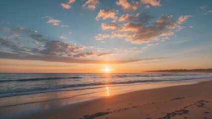 Fototapeta premium Serene Sunrise Over Calm Beach Landscape with Soft Waves and Clear Skies Ideal for Inspirational Background or Relaxing Themes